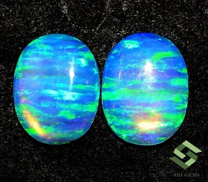 Synthetic Opal Oval Cabochon Pair 19x15 mm 15.96 CTS Blue Fire Loose Gemstones - Picture 1 of 5