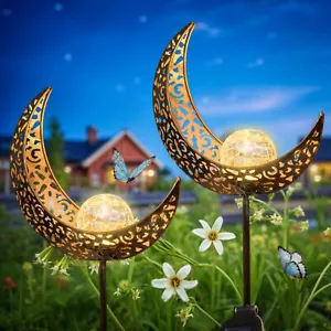 2Pack Moon Garden Solar Lights Outdoor Stakes Waterproof Crackle Glass Metal ... - Picture 1 of 7