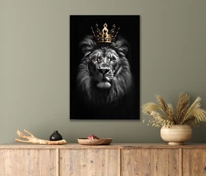 Lion With a Gold Crown on Its Head, Black 40x60cm Canvas or Metal Print Wall Art - Picture 1 of 4