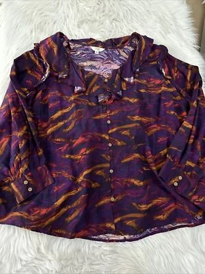 Terra Sky 3X Womens NWT Ruffle Front Button Up Blouse Cotton Initiative Geo  - Image 1 of 4
