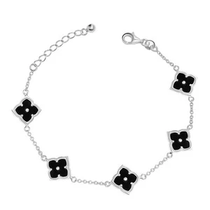 925 Sterling Silver Mother of Pearl Black Flower Cable Chain Bracelet For Women - Picture 1 of 7