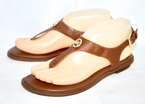 MICHAEL KORS Mallory T-Strap Logo Thong Sandal Size 6M Tan Brown Leather WM20A - Picture 1 of 6