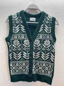 Vintage 70 s Sears JR Bazaar Green Flower Knit Vest Boho Cross Stitch SIZE LARGE - Picture 1 of 8