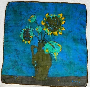 60s Batik Linen Hanky Still Life Sunflowers Vivid - Picture 1 of 8