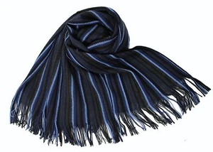Strickschal Herrenschal 100% Wolle (Merino) mit Fransen blau anthrazit gestreift - Bild 1 von 3