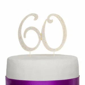 60 Gold Rhinestone Cake Topper - Sixty 60th Birthday Anniversary Decoration - Picture 1 of 5