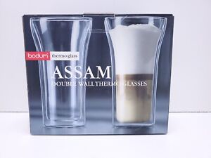 2 BODUM Assam Double Walled Borosilicate Glasses. Hot or Cold. 0.4l / 13oz NIB
