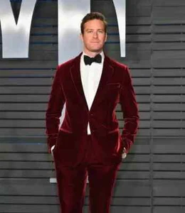 Mens 2 Piece Maroon Velvet Tuxedo - Maroon Wedding Tux 42" Jacket 36" Trouser - Picture 1 of 2