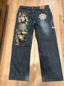 Karakuri Tamashii Fuujin Raijin Design Embroidered Denim Jeans– Size 40 Rare - Picture 1 of 9