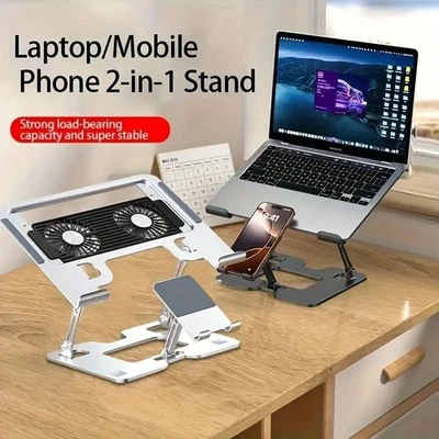 2 In 1 Metal Laptop Holder & Phone Stand Laptop Stand 2 Fans Steel Laptop Riser - Image 1 of 4
