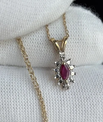 Винтажный 10k желтое золото рубин бриллиант кластер подвеска веревки цепочка ожерелье женщины - Изображение 1 из 4