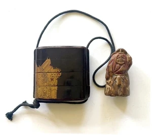 Laca japonesa Inro con oro Maki-e y madera tallada período Netsuke Meiji - Imagen 1 de 11