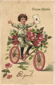 A Boy Riding Bicycle -Cycling - Antique Photo Postcard 1900s - Picture 1 of 2
