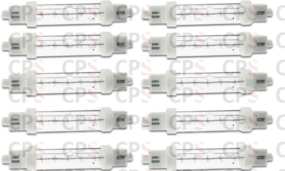 10 x Catering/Gantry Heat Food Safe Lamp 300w Double Jacketed Push Fit 118mm R7S