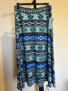 NWT Women’s Double Click Elastic Waist Blue Geometric A-line Long Skirt Size XL - Picture 1 of 5