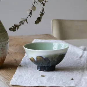 Japan Handmade Bowl Donburi Natural Glaze White Celadon Black Ceramic Seto ware - Picture 1 of 8