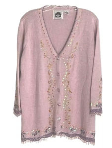 Storybook Knit Plus Purple Floral Cardigan Dangling Beads Sequins Women's 1X - Picture 1 of 9