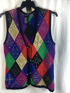 Diffusion Womens Black Holiday Button Casual Small Geometric Vest Christmas - Picture 1 of 2