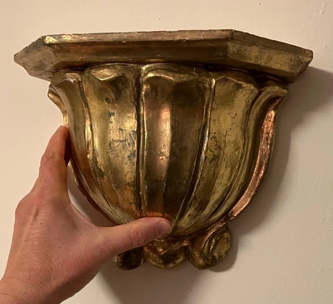 Antique French Art Nouveau Deco Carved & Gilt Wood Wall Bracket Shelf for Vase Cover