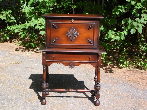 Antique 1920's Jacobean Style Drop Front Solid Mahogany Secretary Writing Desk Cover