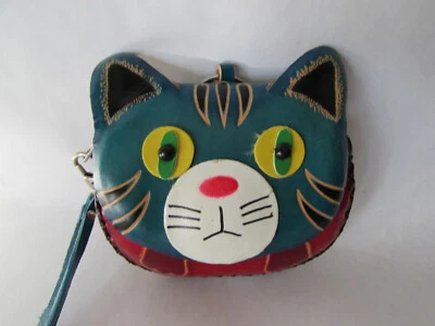 Monedero de cuero genuino verde gato llavero cierre de cremallera plegable a presión hecho a mano Foto 1 de 4