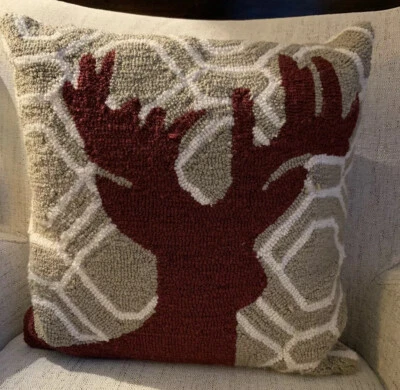 Christmas Holiday Deer Buck Antlers Wool Rug Hand Hooked Decorative Pillow 16x16 - Image 1 of 4