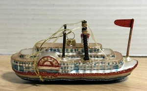 Vintage mundgeblasenes Glas Dampfschiff Fährschiff Ornament bunt Glitzer schön - Bild 1 von 10
