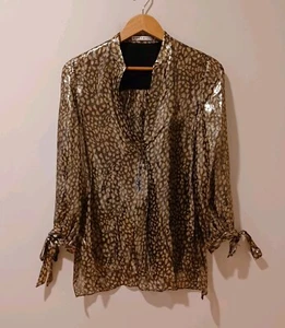 Alice + Olivia Sheila Leopard Metallic Print Tie-Cuff V Neck Blouse Size M - Picture 1 of 8