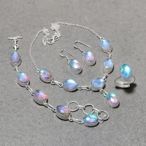 Faceted Rainbow Fire Topaz Oval Shape Gemstone Fashion Gift Necklace Jewelry Set - Picture 1 of 8