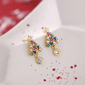 Luxury Colorful Zircon Christmas Tree Earrings Stud Drop Dangle Women Jewellery