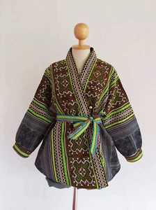 Women's Thai Hmong Hemp Antique Hand Embroid Kimono Wrapper Long Sleeve FreeSize - Picture 1 of 12