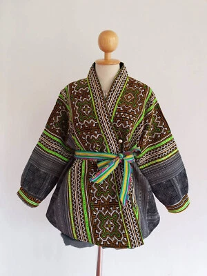 Women's Thai Hmong Hemp Antique Hand Embroid Kimono Wrapper Long Sleeve FreeSize - Image 1 of 4