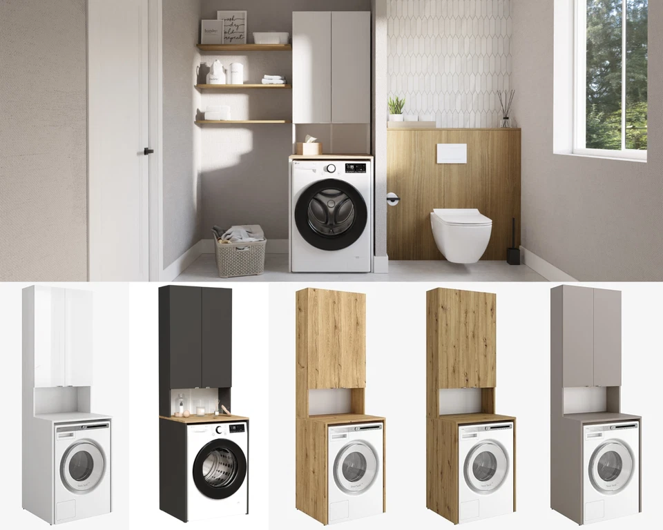 Waschmaschinenschrank Hochschrank Badschrank 120cm 210cm Weiß Sonoma Anthrazit - Bild 1 von 4