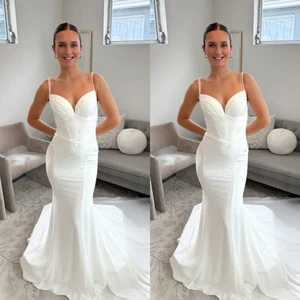 Abito da sposa a sirena raso perla perline bianco spalline spaghetti abiti da sposa - Foto 1 di 10