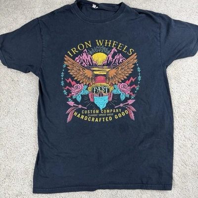 Camiseta para hombre Iron Wheels Speed Shop tema de motocicleta negra gráfica talla mediana  Foto 1 de 4