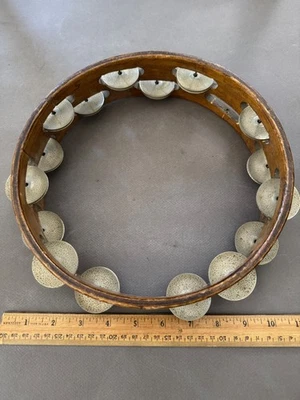 10" DOUBLE ROW WOOD & METAL TAMBOURINE PERCUSSION INSTRUMENT VINTAGE - Image 1 of 4