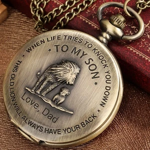 "To My Son I Love You" Löwen Quarz Analog Taschenuhr mit Kette Geschenk für Sohn - Bild 1 von 12