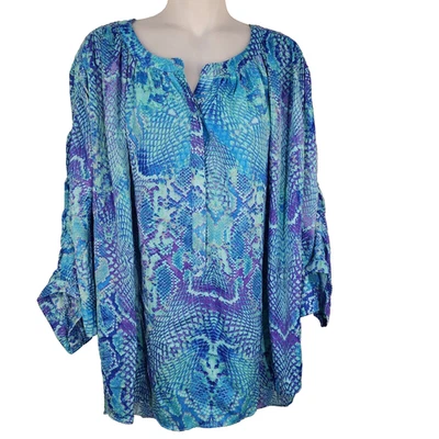 Jennifer Lopez JLO Blouse Women 1X Blue Snake Skin Dolman Bat Wing Sleeve Ruched - Image 1 of 4