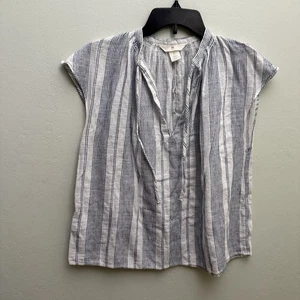 H&M kleines Top weiß blau Boho Kurzarm V-Ausschnitt schlicht Basic genäht 002 - Bild 1 von 8