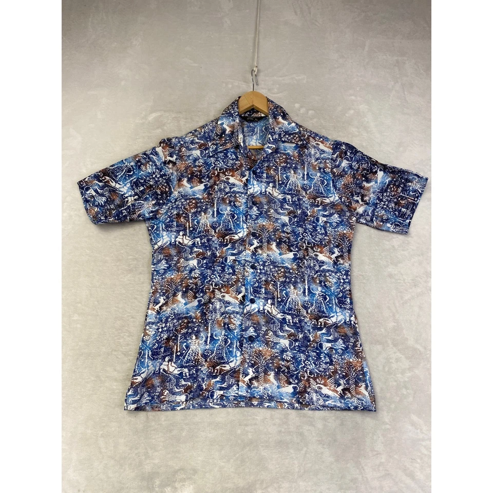Vintage JCPenney Mens L Tapered Fit Short Sleeve Button Up Shirt All Over Print - Image 1 of 4