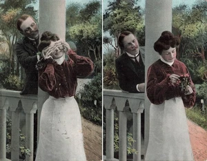 LOT OF TWO ROMANCE POSTCARDS GUESS WHO ~ MAN GIVES FLOWERS 1907 111325 U - Foto 1 di 5