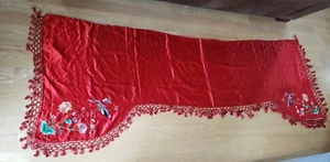 Vtg Chinese Red Silk Embroidered Window Valance Curtain Butterflies Hand Made - Picture 1 of 13