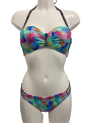 Turquoise Floral Bikini 8 for D cups Bandeau underwired padded strapless halter - Image 1 of 4
