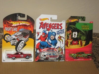 Hot Wheels Lot of 3 1957 Plymouth Fury '57 Variation Halloween Avengers Mickey - Image 1 of 2