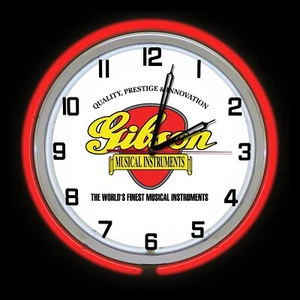 GIBSON Guitar Sign 19" Red Double Neon Clock Musical Instruments Music Band - Bild 1 von 2