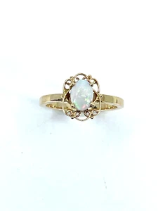 LOOK---14k Yellow Gold Open Filigree Opal Ring Size 5.75 - Picture 1 of 7