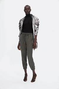 NWT ZARA Women's Olive Green High Rise Silver Tuxedo Stripe Joggers Sz Large - Picture 1 of 10