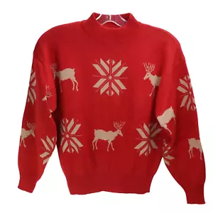Obermeyer Sweater Large Red Tan Wool Blend Snowflake Pullover Turtleneck - Picture 1 of 15
