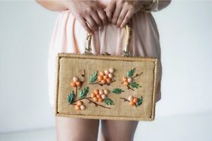 1960’s Berries Vinyl Coated Wicker Handbag Summer Woven Basket Box Purse