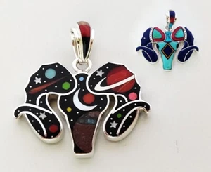 REVERSIBLE CELESTIAL SATURN MULTICOLOR TURQUOISE INLAY .925 SILVER RAM PENDANT - Picture 1 of 3